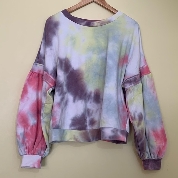 Wonderly Tops - Wonderly Tie Dye Drop Shoulder Balloon Sleeve Round Neck Loungewear Sweatshirt L